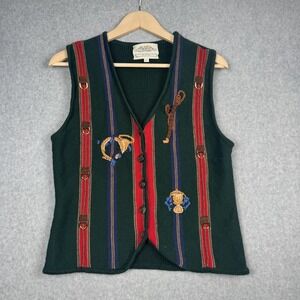 Vintage Susan Bristol Sweater Vest Womens L Green French Horn Striped Button Up